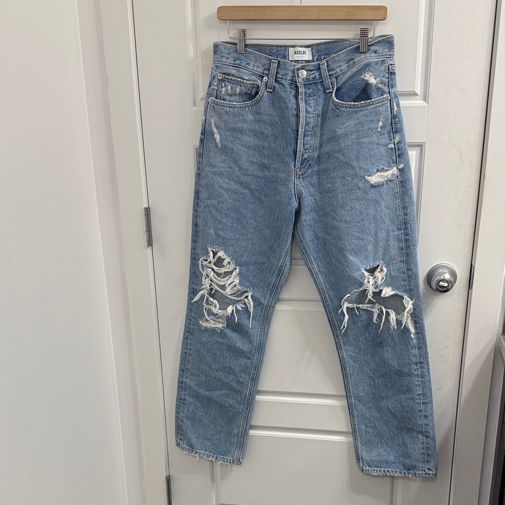 Agolde 90's Mid Rise Straight Light‎ Blue Distressed Jeans Size 27